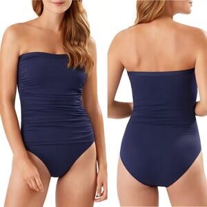 Tommy Bahama Pearl Shirred Bandeau One Piece Swimsuit Mare Navy Sz 12